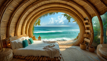 Eco-friendly igloo hotel crafted from sustainable materials like bamboo and recycled glass. Panoramic Ocean View - obrazy, fototapety, plakaty