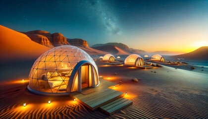 Luxury Desert Glamping in Jordan. Igloo tents in sunset landscape. - obrazy, fototapety, plakaty