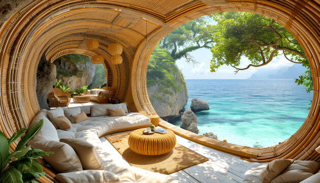 Eco-friendly igloo hotel crafted from sustainable materials like bamboo and recycled glass. Panoramic Ocean View