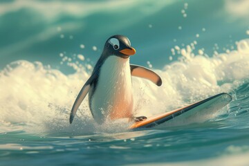 A penguin joyfully surfing the ocean waves