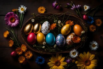 Fototapeta na wymiar easter eggs in a basket, Embrace the joyous spirit of Easter with a vibrant display of colorful Easter eggs adorned with delicate flowers. Each egg is a canvas of bright hues and intricate patterns, r