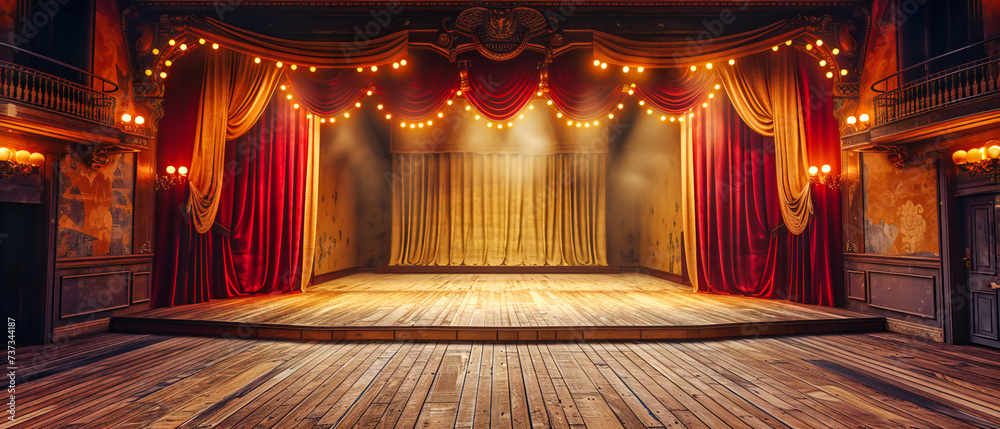 Wall mural red velvet stage curtain ready for an opening, setting the scene for drama, performance, and theatri