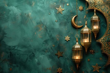 Golden Arabic lanterns hanging elegantly against a teal textured wall with intricate patterns, creating a festive and traditional atmosphere.