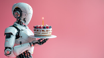 A metallic robot stands proudly, presenting a decadent birthday cake adorned with flickering candles, ready to celebrate with its human friends