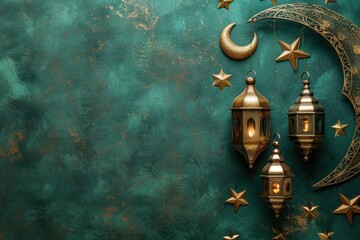 Golden Arabic lanterns hanging elegantly against a teal textured wall with intricate patterns, creating a festive and traditional atmosphere.