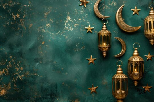 Golden Arabic lanterns hanging elegantly against a teal textured wall with intricate patterns, creating a festive and traditional atmosphere.