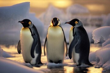 Three penguins in the Arctic. Cold penguins.