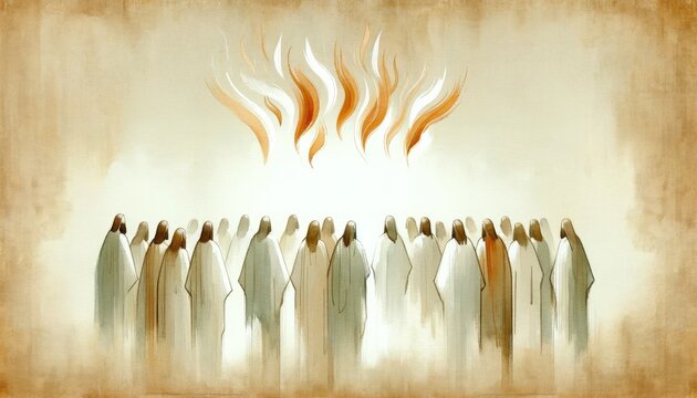 Pentecost Sunday: The Holy Spirit Comes as Tongues of Fire. Digital illustration of the Holy Spirit descending on the believers. Rear view. - Powered by Adobe