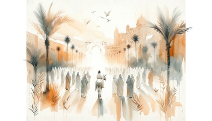 Jesus entering in Jerusalem on a donkey, welcomed by the crowd. Palm Sunday. Watercolor Biblical Illustration.	