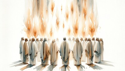 Pentecost Sunday: The Holy Spirit Comes as Tongues of Fire. Digital illustration of the Holy Spirit descending on the believers. Rear view.