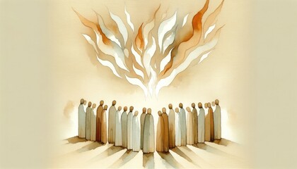 Pentecost Sunday: The Holy Spirit Comes as Tongues of Fire. Digital illustration of the Holy Spirit descending on the believers. Rear view.