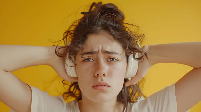 mulher confusa cobrir orelhas m&uacute;sica ruim estranho aberra&ccedil;&atilde;o bizarro incomum fantasia externa 