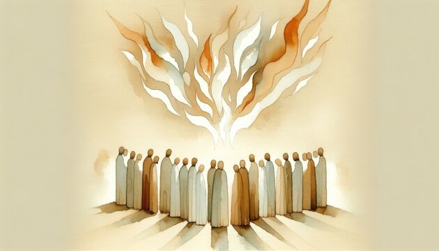 Pentecost Sunday: The Holy Spirit Comes as Tongues of Fire. Digital illustration of the Holy Spirit descending on the believers. Rear view.