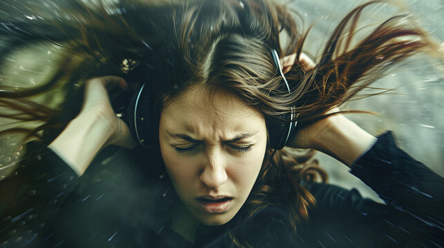 mulher confusa cobrir orelhas m&uacute;sica ruim estranho aberra&ccedil;&atilde;o bizarro incomum fantasia externa 