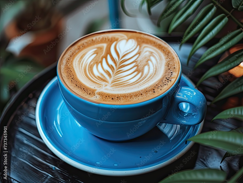 Wall mural cup of coffee in a blue cup with latte art in a beautiful aesthetic cafe on a black wooden table, mo