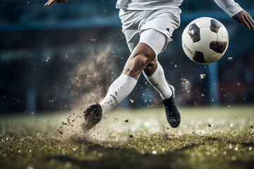 Konzept Action Fußball, Fußballspieler rennt dem Ball hinterher, Dynamische Bewegung, Schuss aufs...