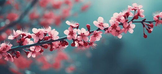 Blooming Sakura tree branch, pink flowers closeup