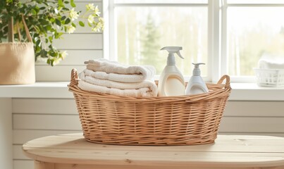 A wicker basket filled with neatly folded towels and bottles of toiletries arranged on a wooden table by a window with natural light