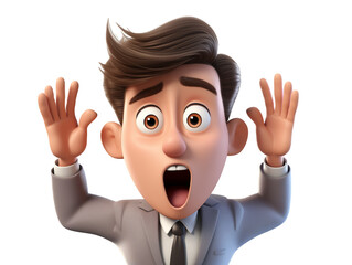 3D Render of a Young Professional Man Expressing Surprise with Hands Up