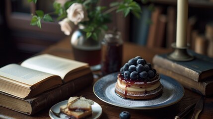 a table topped with a cake covered in blueberries next to an open book and a vase filled with flowers.