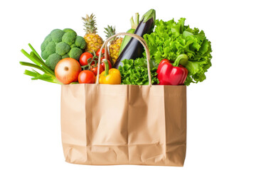 Shopping bags with groceries isolated on transparent white background.
