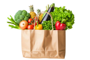 Shopping bags with groceries isolated on transparent white background.