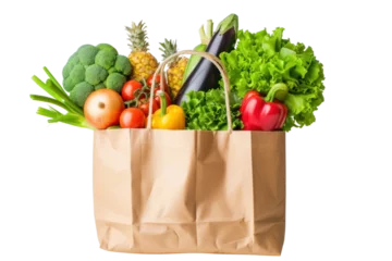Fotobehang Shopping bags with groceries isolated on transparent white background. © venusvi