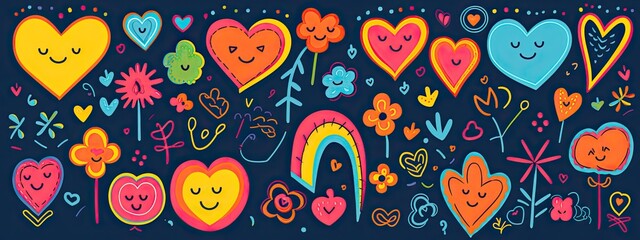 Fototapeta premium Cute kid scribble line flower, heart. rainbow background. Hand drawn doodle sketch childish element set. Flower, heart, cloud children draw style design elements background. Vector illustration