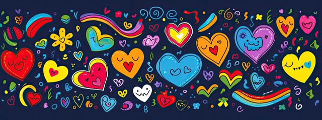 Fototapeta premium Cute kid scribble line flower, heart. rainbow background. Hand drawn doodle sketch childish element set. Flower, heart, cloud children draw style design elements background. Vector illustration
