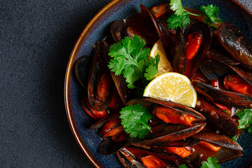 mussels in tomato sauce, homemade, no people,