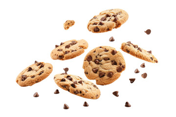 Fototapeta na wymiar Falling chocolate chip cookies isolated on transparent white background.