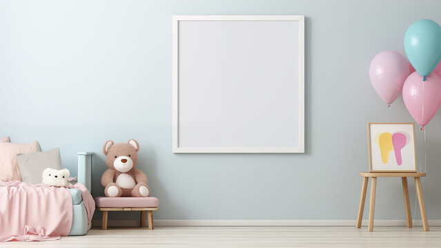 Frame mockup in kids room, blank white frame, dolls and balloon decoration