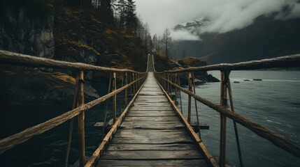 a wooden bridge over a body of water with a mountain background and foggy clouds sky.