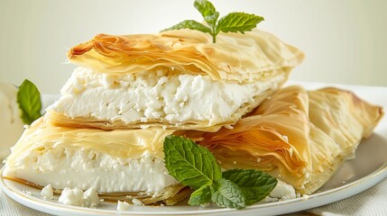 A delicious Greek tiropita prepared with layers of crispy filo and stuffed with aromatic fresh mint leaves and dollops of melted feta cheese. Culinary traditions of Greece.