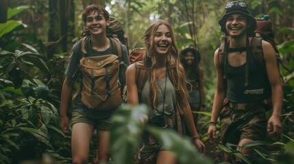 Fototapeta na wymiar young girls and guys adventurer smiling and walking in the middle of a jungle, cinematic, jungle, travel, nature, adventure