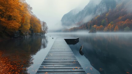 a dock sitting on top of a lake next to a forest filled with lots of orange and yellow trees on a foggy day.