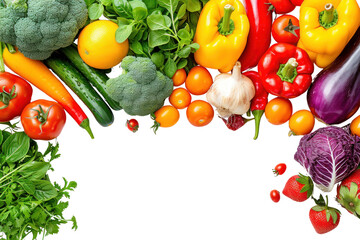 Banner from various fruits and vegetables isolated on white transparent background. © venusvi