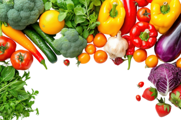 Banner from various fruits and vegetables isolated on white transparent background.
