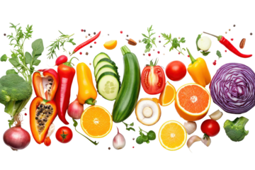 Banner from various fruits and vegetables isolated on white transparent background.