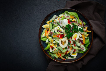 salad with squid, fresh cucumber, eggs, sweet pepper, red onion, with dressing, homemade, no people,