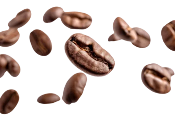 Poster Flying coffee beans isolated on transparent white background. © venusvi