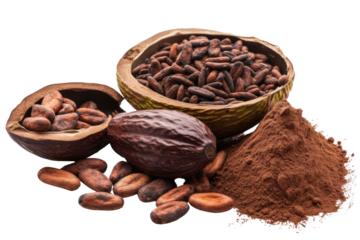 Cocoa with cocoa beans, fresh cocoa pods and cocoa mass isolated on a white transparent background.