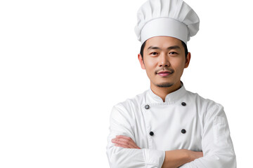 Asian male chef isolated on transparent white background.