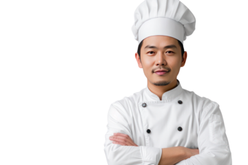 Asian male chef isolated on transparent white background.