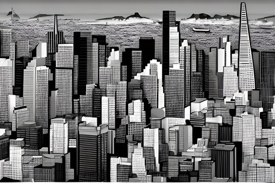 skyline of a city, cubism art, San Francisco cityscape