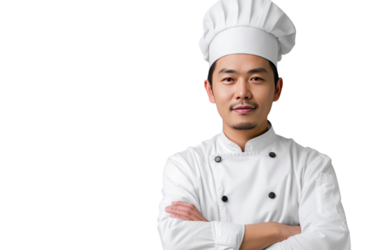 Asian male chef isolated on transparent white background.