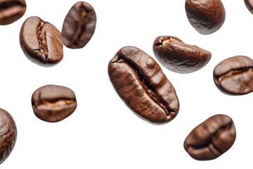 Flying coffee beans isolated on transparent white background.