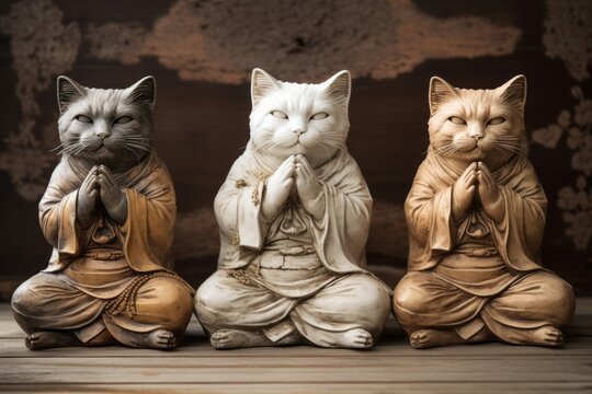 Close up peaceful drawn three cats in a monk costume sits in the lotus position, doing yoga and meditation. Concept of mental health in animals