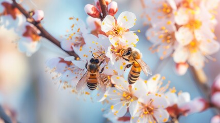 Close up bee flies near a flower collecting nectar in spring and summer	
