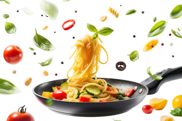 Italian pasta with vegetables floating on a hot pan. Isolated on a transparent white background.